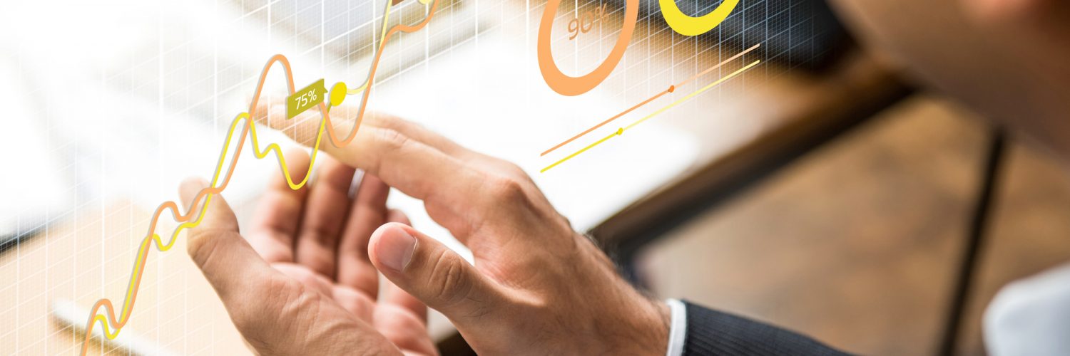 Businessman clapping his hands in the meeting with futuristic financial chart showing growth statistics of company income